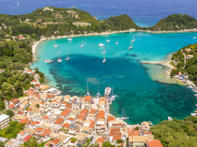 Top view of Catamarans Anchoring at Corfu Island Greece